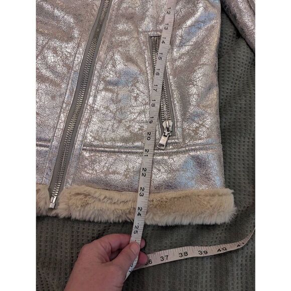 NWOT TOMMY HILFIGER Distressed Silver Metallic Shearling Motorcycle Jacket XL - Picture 6 of 7